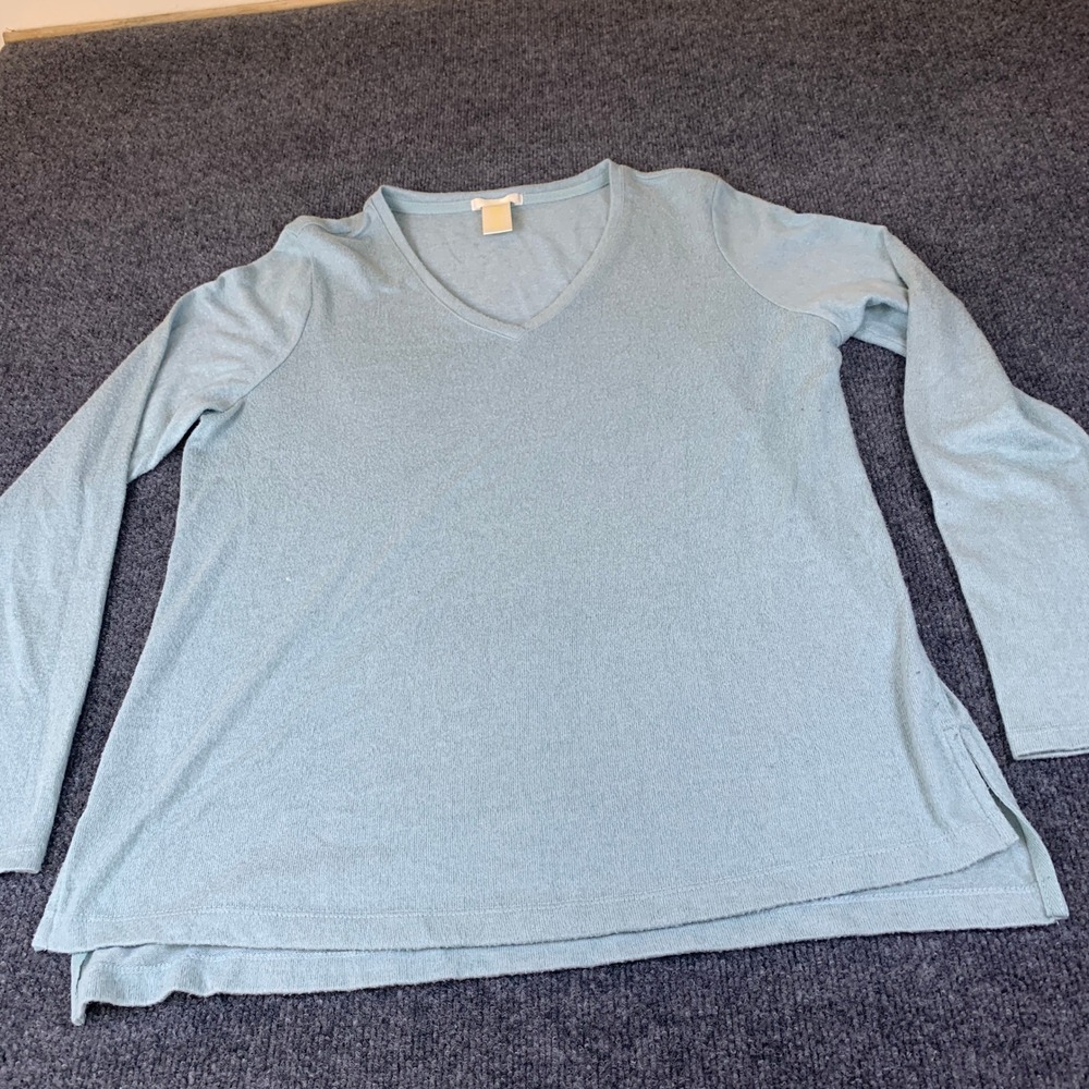 Matty M Womens Light Blue V-Neck Long Sleeve Rayon Blend‎ Knit Blouse Size L